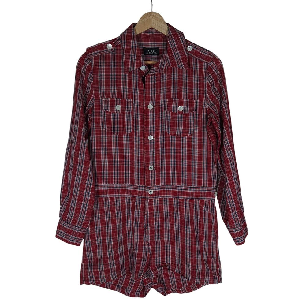 A.P.C. Romper XS Small Red Plaid Long Sleeve Button Up Pockets Dark Academia